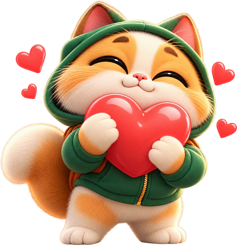 The cat hugging a red heart