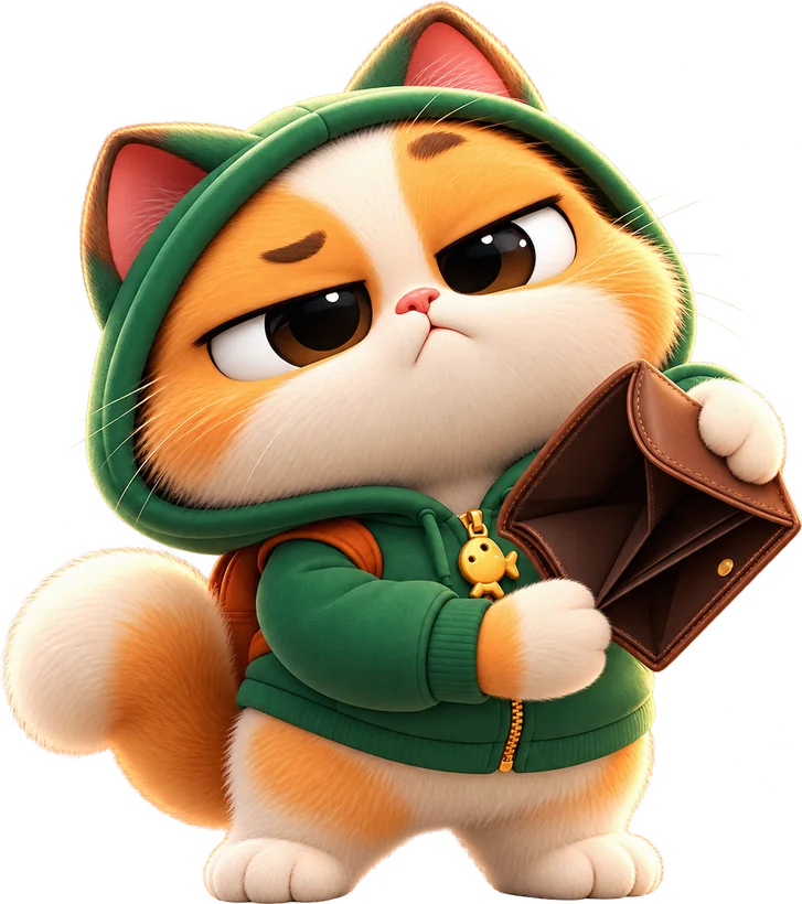 The cat holding an empty wallet